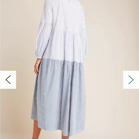 Maeve for Anthropologie Bonnie Striped Blue and White Tiered Midi Dress - Picture 2 of 7